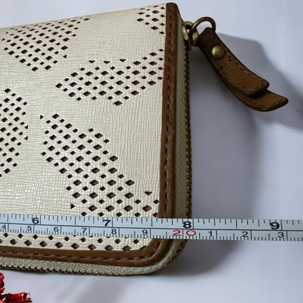 Fossil Leather Zip Wallet Beige Perforated Design… - image 6